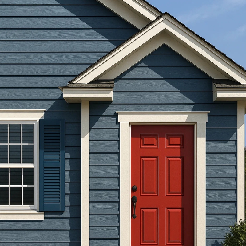 House exterior with blue siding, white trim, and a red front door.