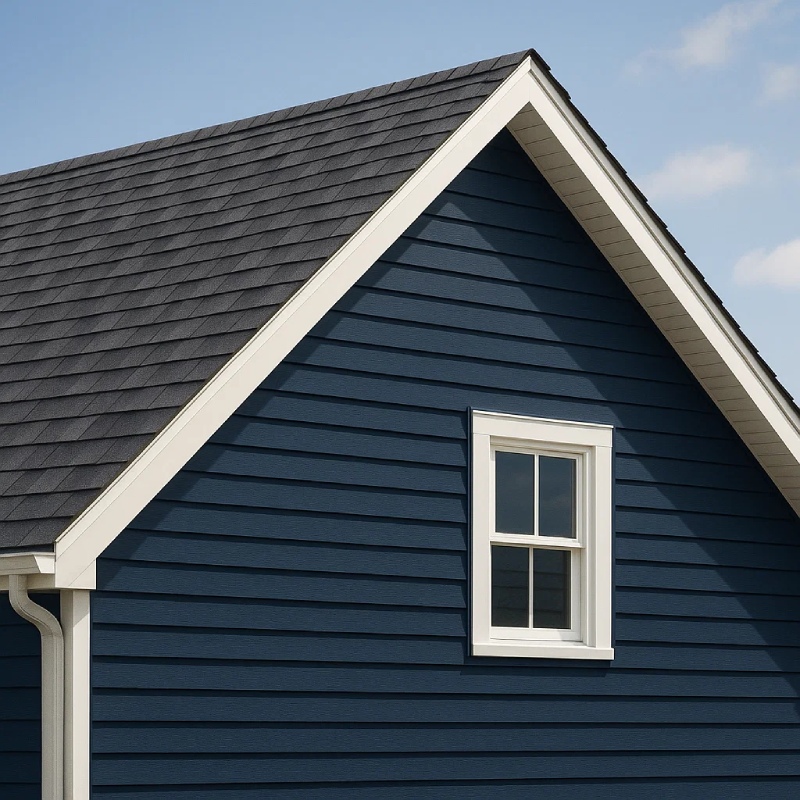 Close-up of a house corner with deep blue siding, a gray shingle roof, and a white framed window under a blue sky.