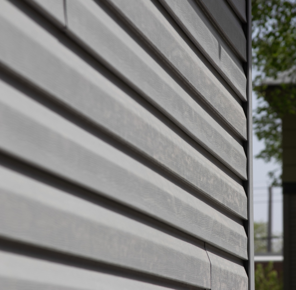 Close-up view of horizontal gray vinyl siding on the side of a house.