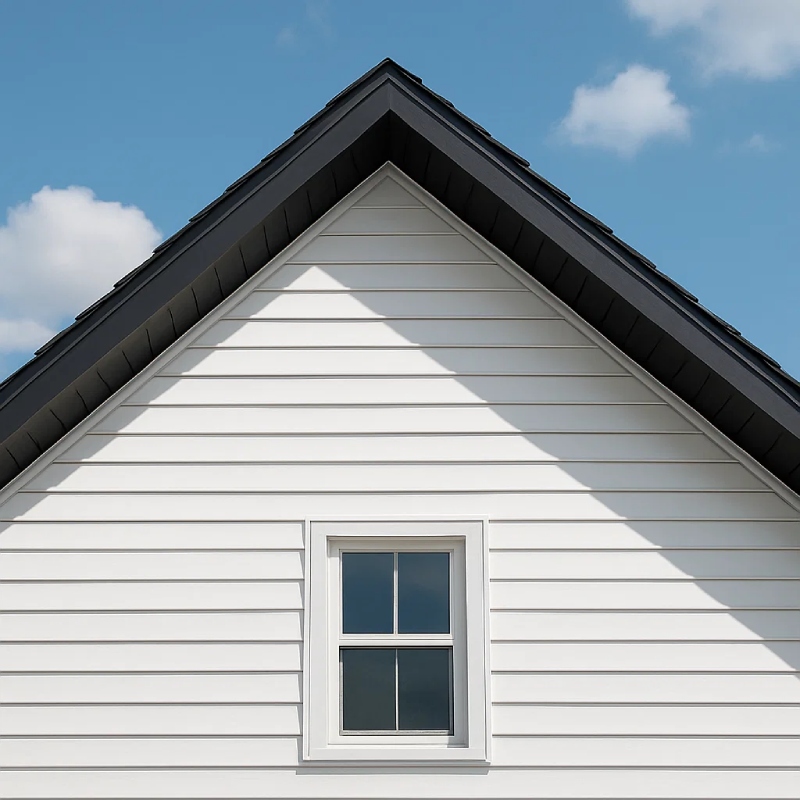 Front view of a house gable with clean white siding, a small centered window, and dark roof trim under a blue sky.