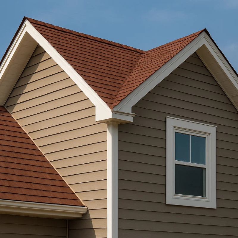 Corner view of a house with light brown siding, red shingle roof, and white framed window under a blue sky.